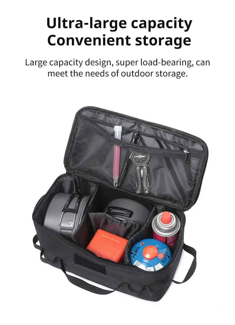 Large-capacity outdoor camping storage bag, black fabric with mesh pockets, for cookware, utensils and gas canister.