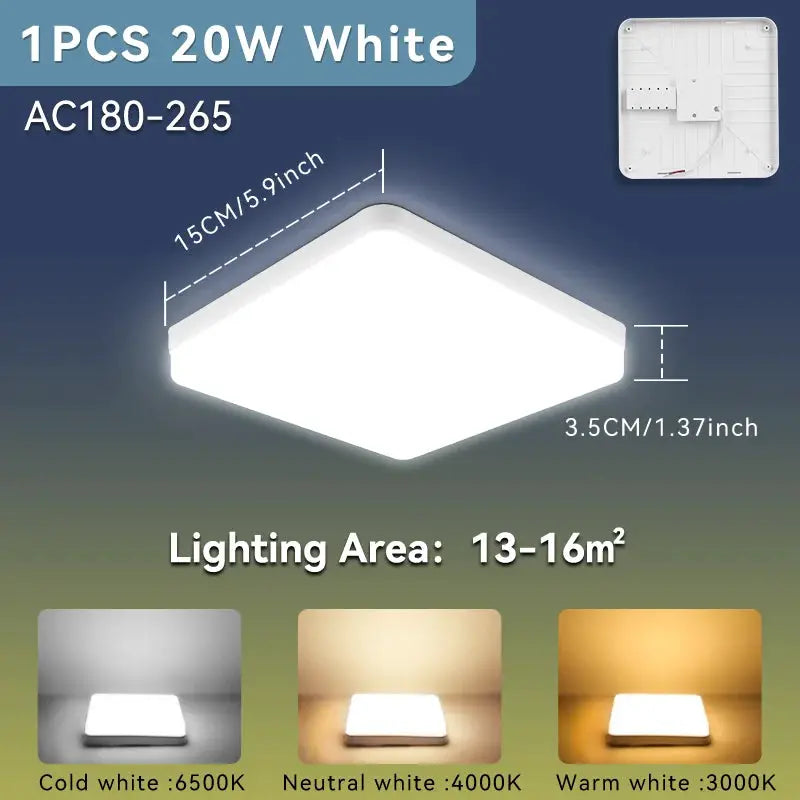 Simples Market square LED ceiling light panel, white finish, 110–265V, 20W, for living room/bedroom/kitchen