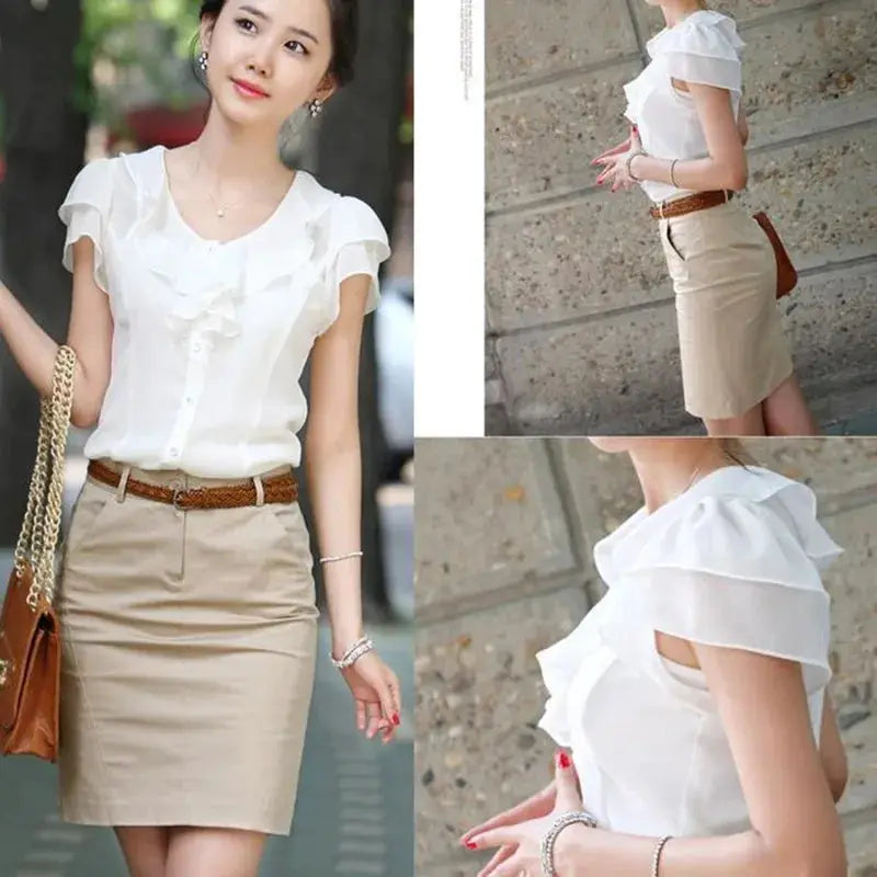 White blouse with ruffle front paired with beige pencil skirt and brown braided belt for office wear
