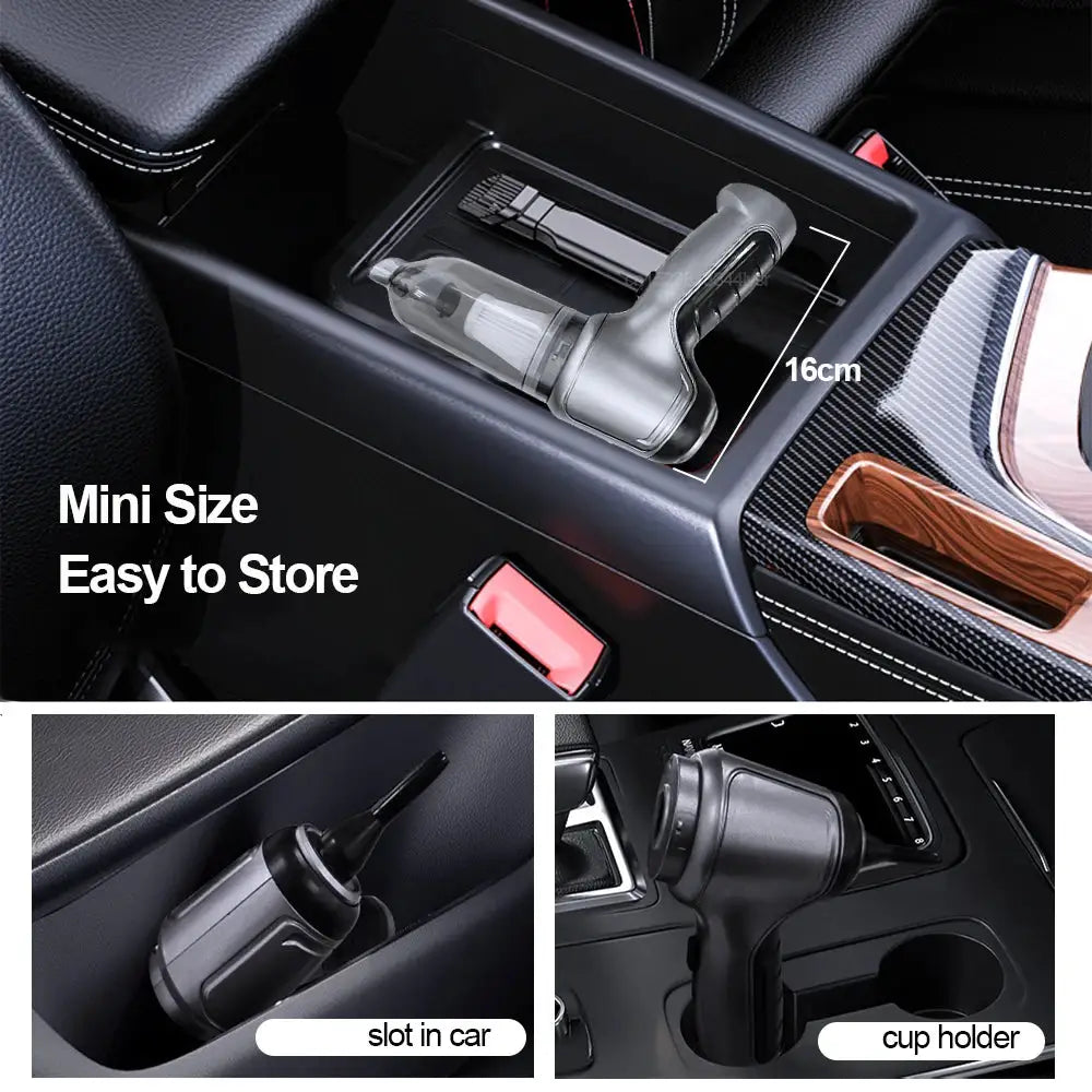 Mini size wireless car vacuum cleaner, handheld gray with nozzle attachment.