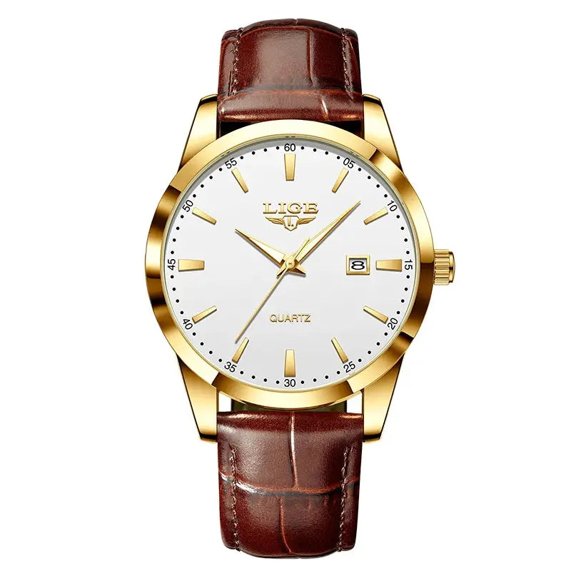 LIGE men's brown leather watch with gold-tone case, white dial, date window, quartz
