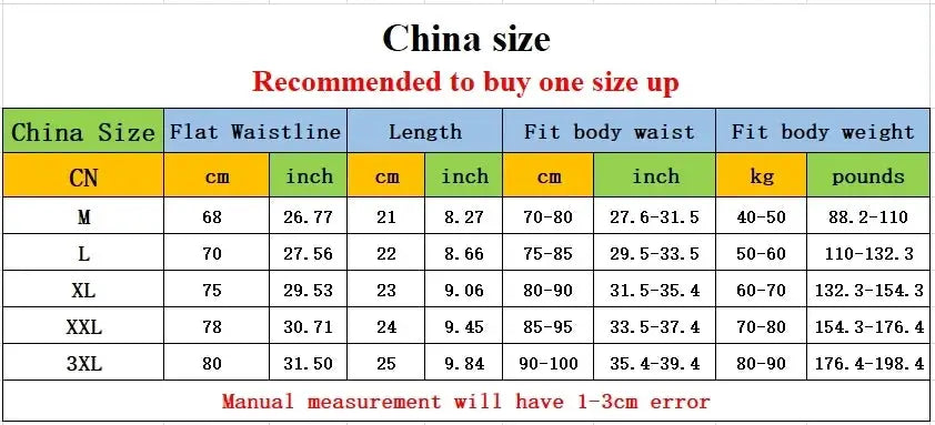 3-piece men's cotton underwear size chart with Chinese sizes M–3XL; waist and length measurements, 1–3 cm error.