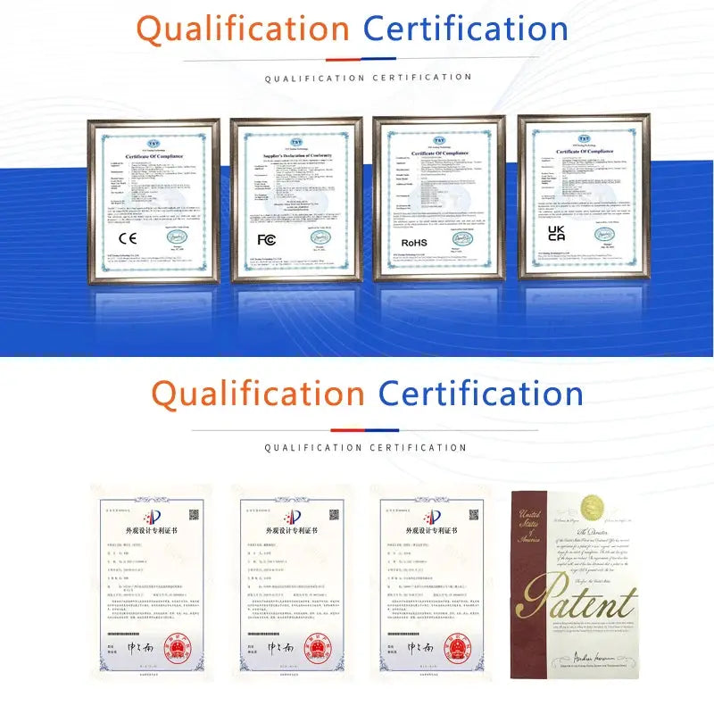 LED Ring Clamp Lamp by Simples Market shown with certification and patent certificates collage