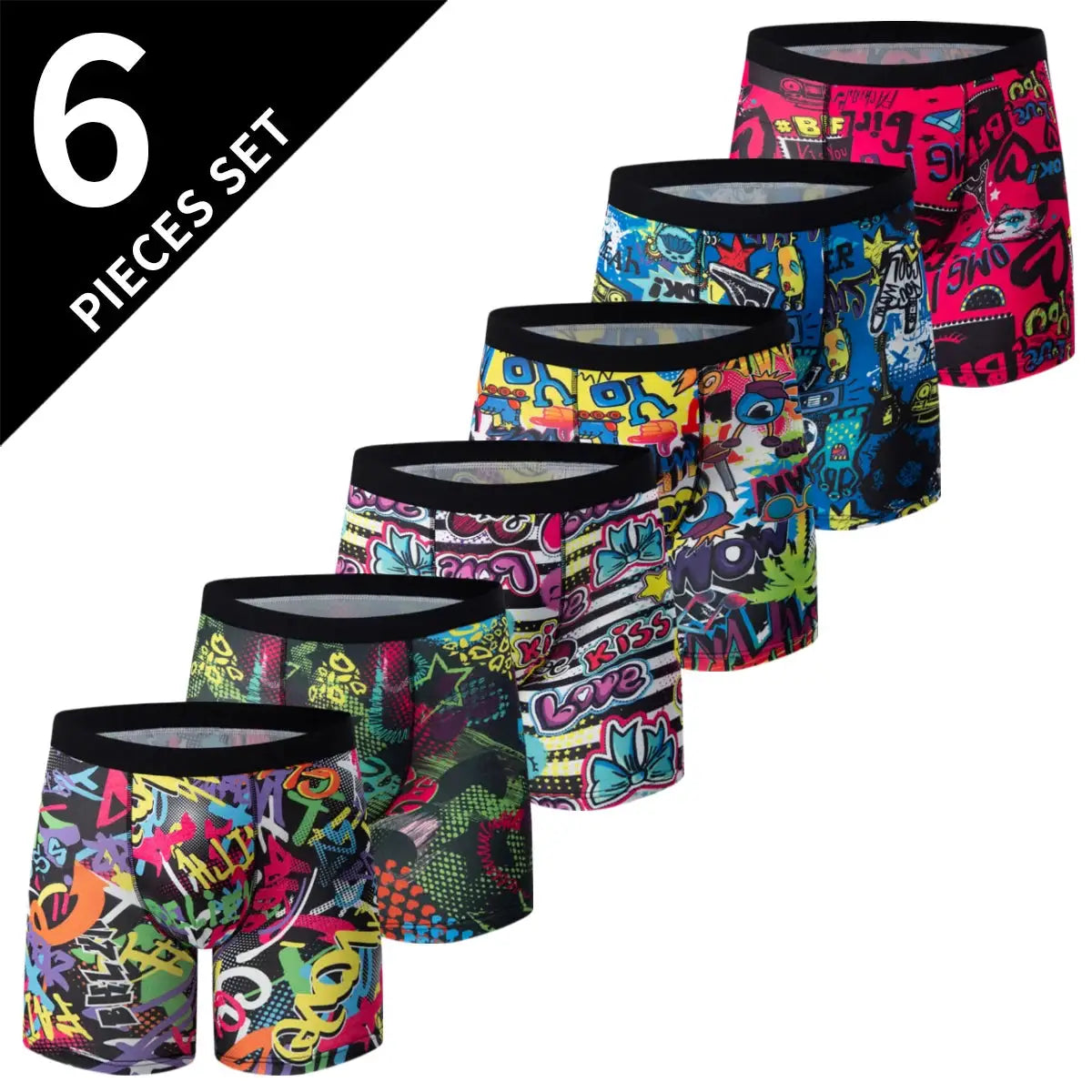 6-pack men's graphic boxer briefs in colorful graffiti prints