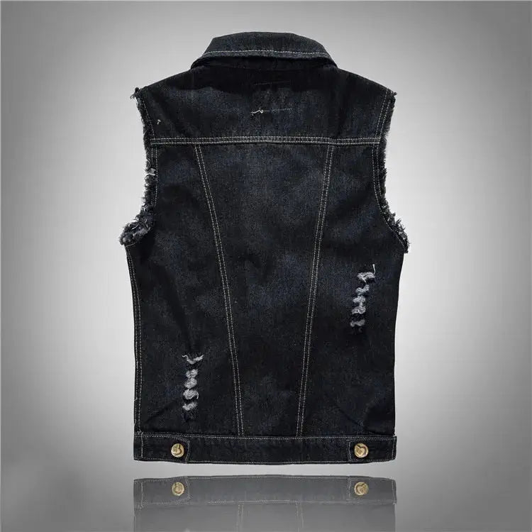 Men's sleeveless denim vest in dark blue/black with distressed frayed edges
