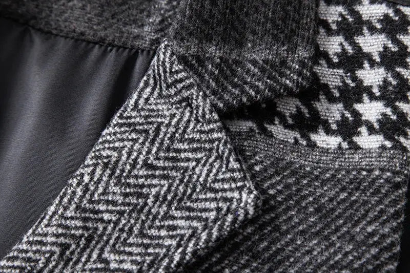 Men's tweed vest fabric close-up showing herringbone and plaid patterns