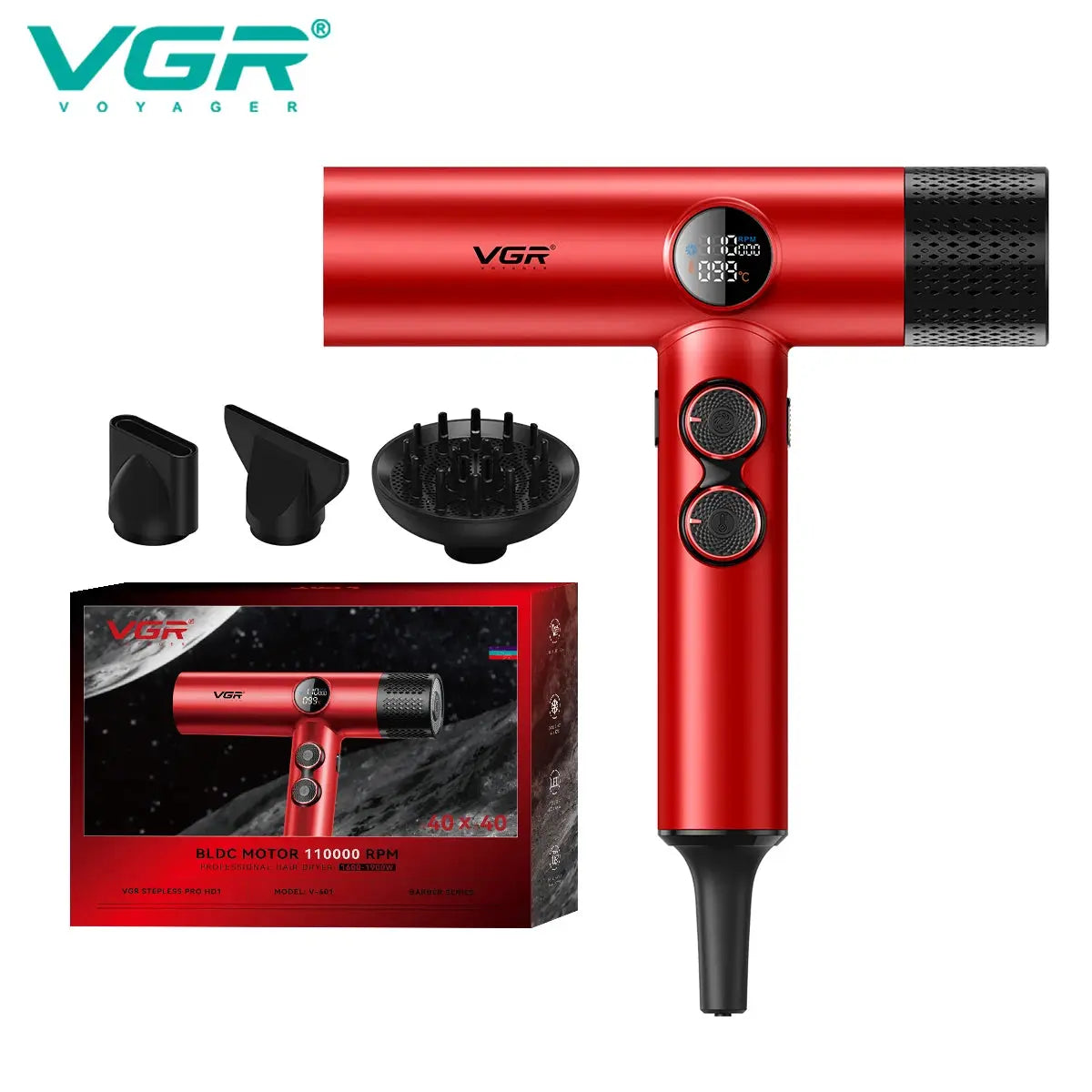 VGR hair dryer V-401 red professional blow dryer with digital display and multiple attachments
