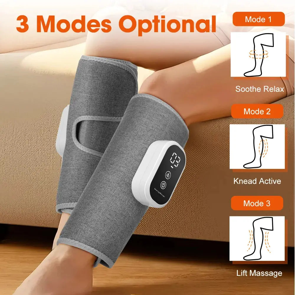 Electric calf massager with 360-degree air pressure, gray fabric sleeves, white control unit, wireless with 3 modes.