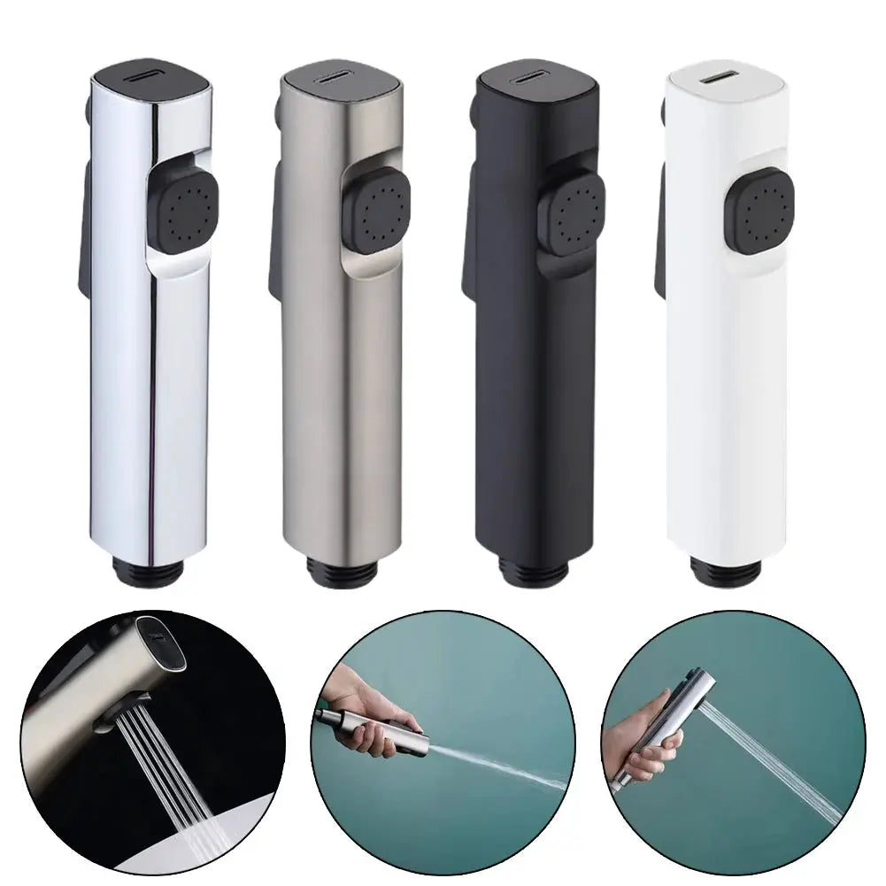 Four handheld toilet bidet spray heads in chrome, brushed nickel, black, and white finishes.