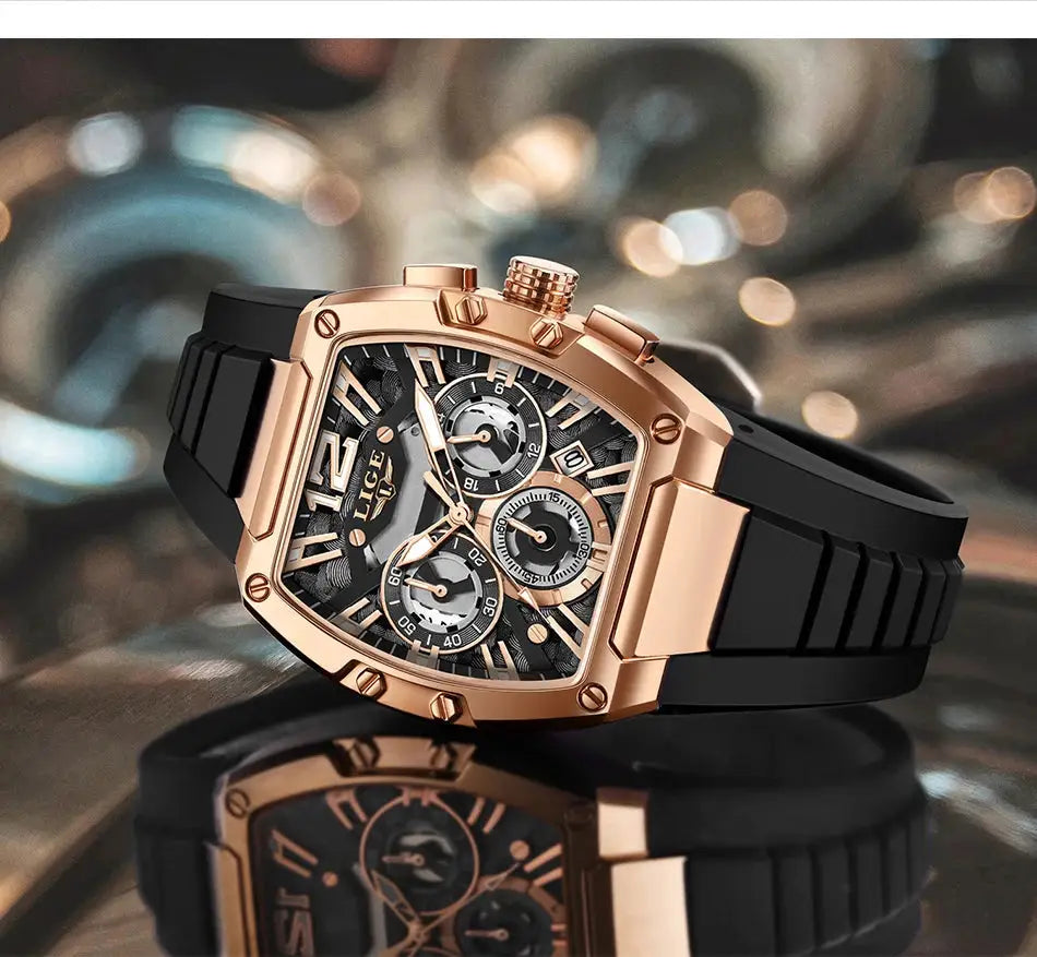 LIGE men's chronograph wristwatch with rose-gold-tone case, black silicone strap and calendar date window.