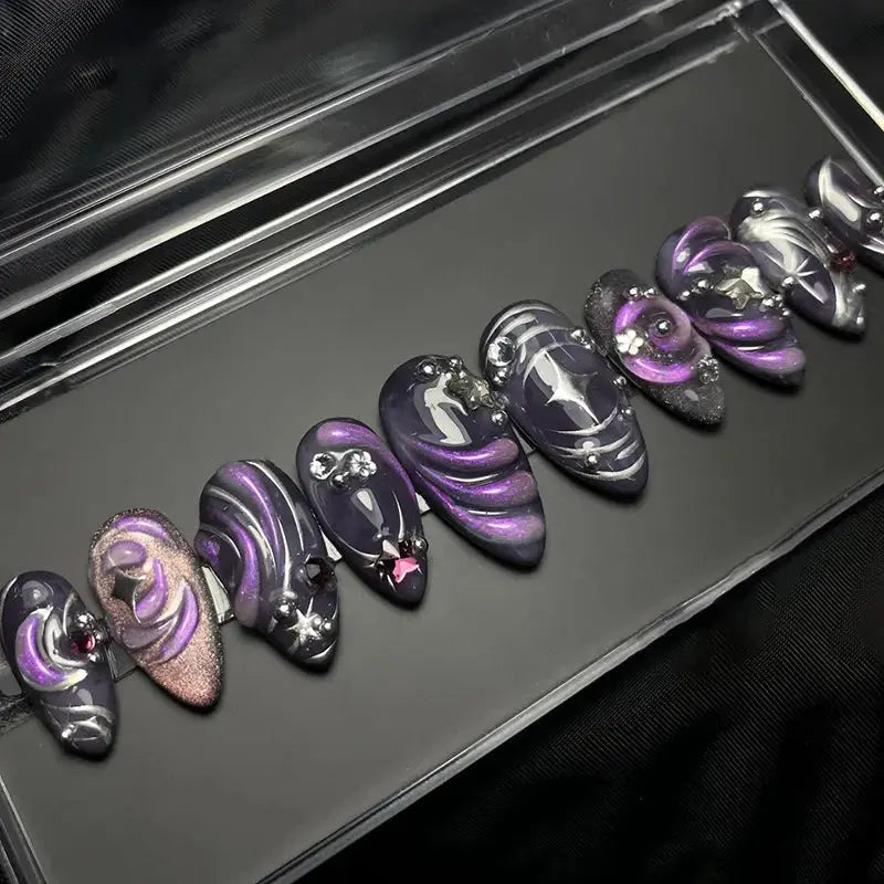 Glamora French Almond False Nails 24 Piece Press On Stiletto Tips With White Edge Design Glue Included For Wearable Glam