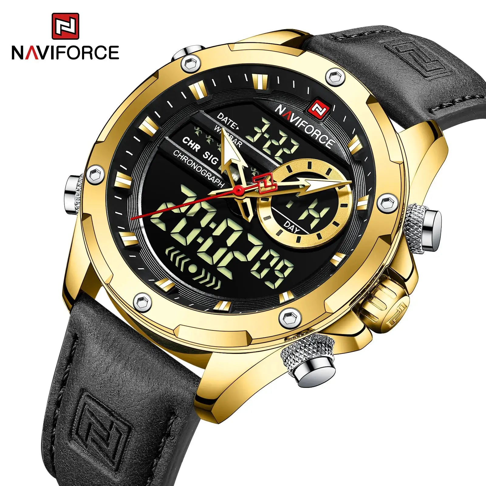 NAVIFORCE luxury men's chronograph watch with gold-tone case, black dial and leather strap
