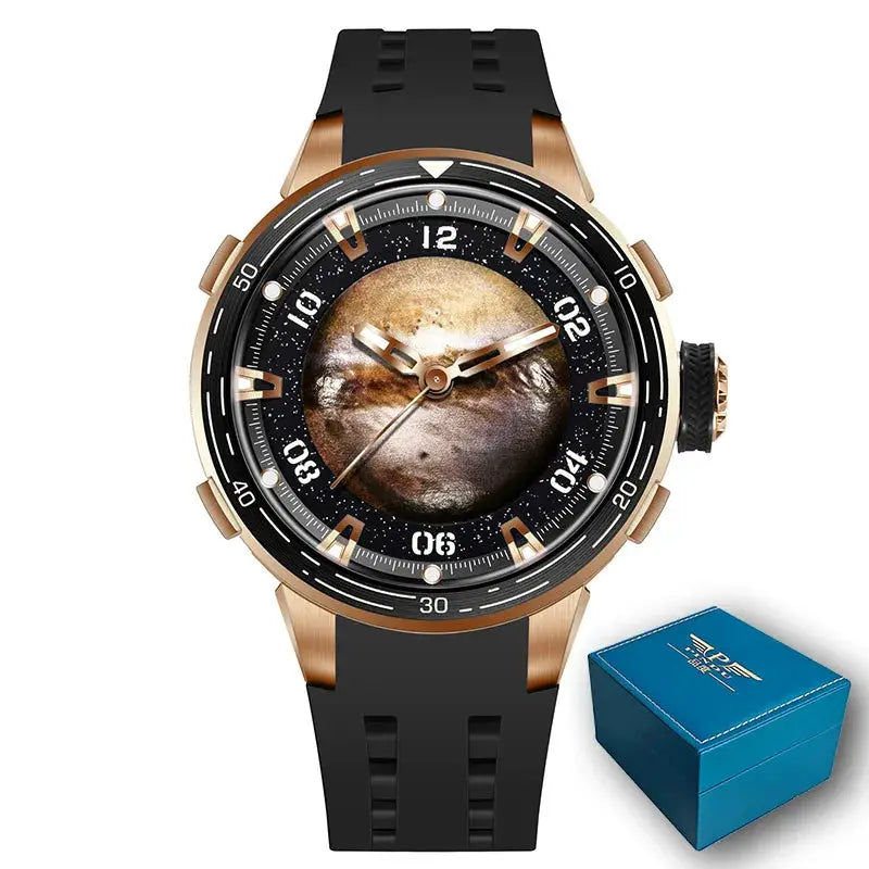 PINDU Planet Series wristwatch by Simples Market; rose-gold case, black silicone strap, blue presentation box