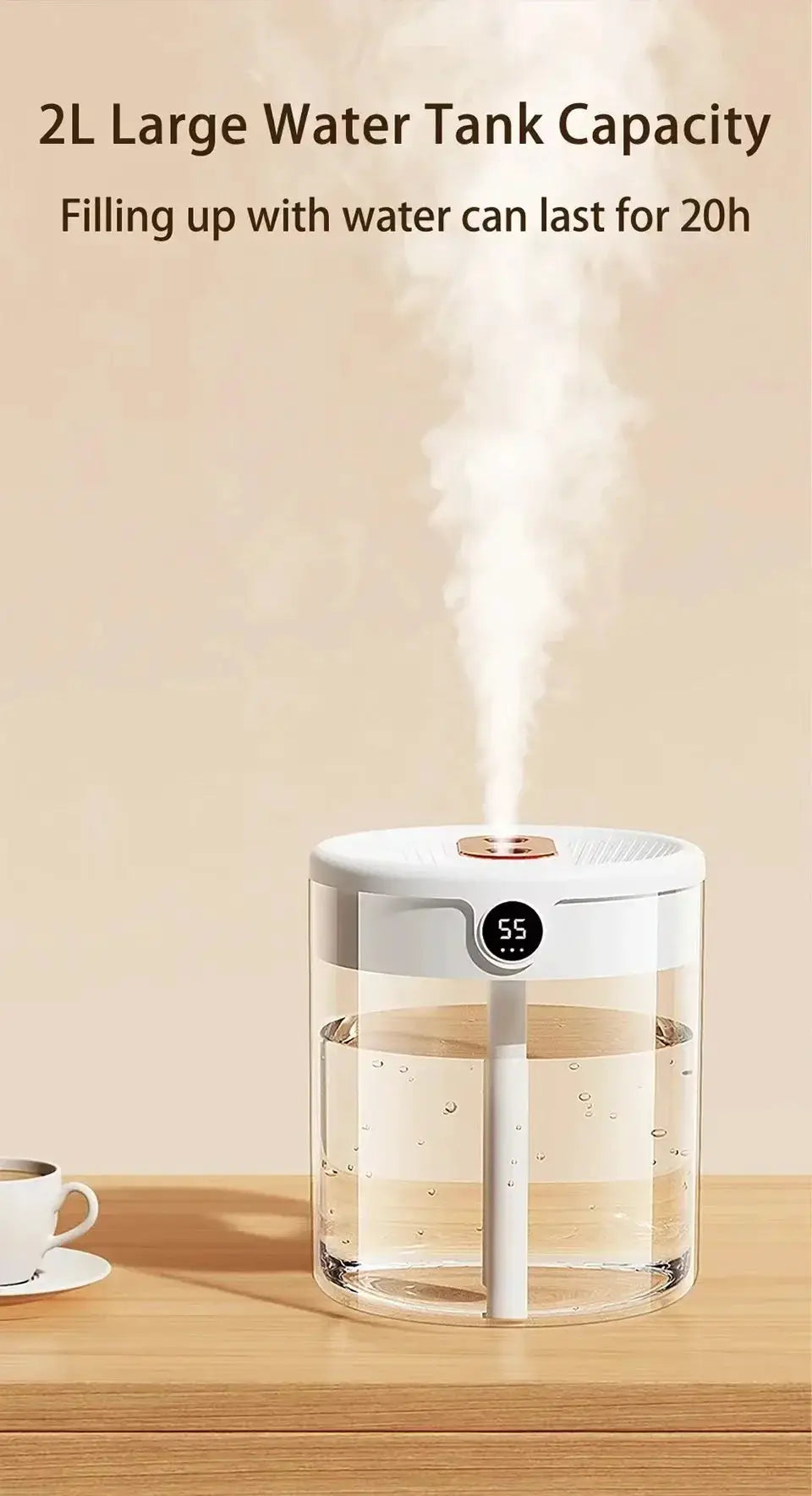 Dual Spray Humidifier USB Large Capacity Home 2L Quiet Bedroom LED Digital Display Night Light Office Desktop Mini Diffuser