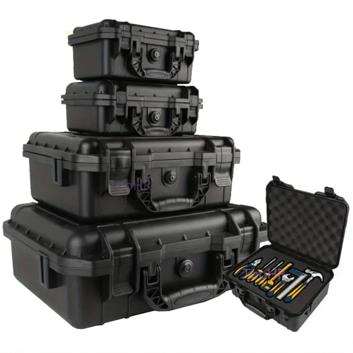 Simples Market waterproof hard carry tool-case set, five black cases with pre-cut sponge inserts.