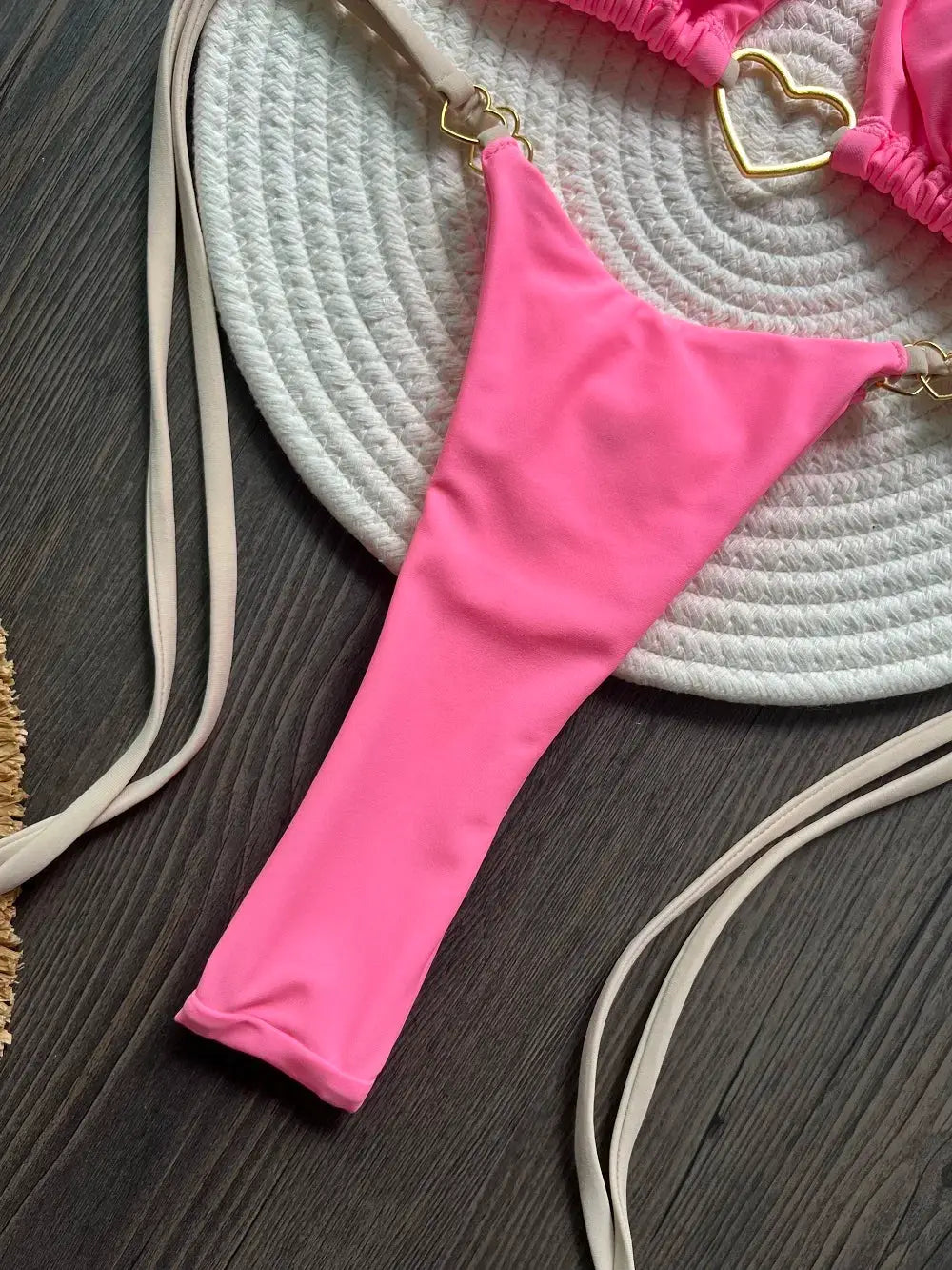 RUOTONSEPT pink solid-color two-piece halter bikini with beige straps and gold hardware