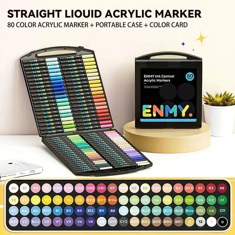 ENMY acrylic paint marker set; 80-color liquid markers in a portable case with ENMY logo.