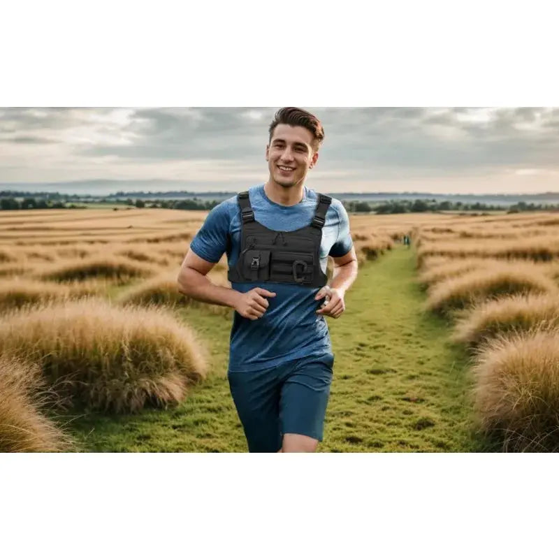 Simples Market tactical unisex chest bag vest, black nylon EDC rig worn by a man running outdoors
