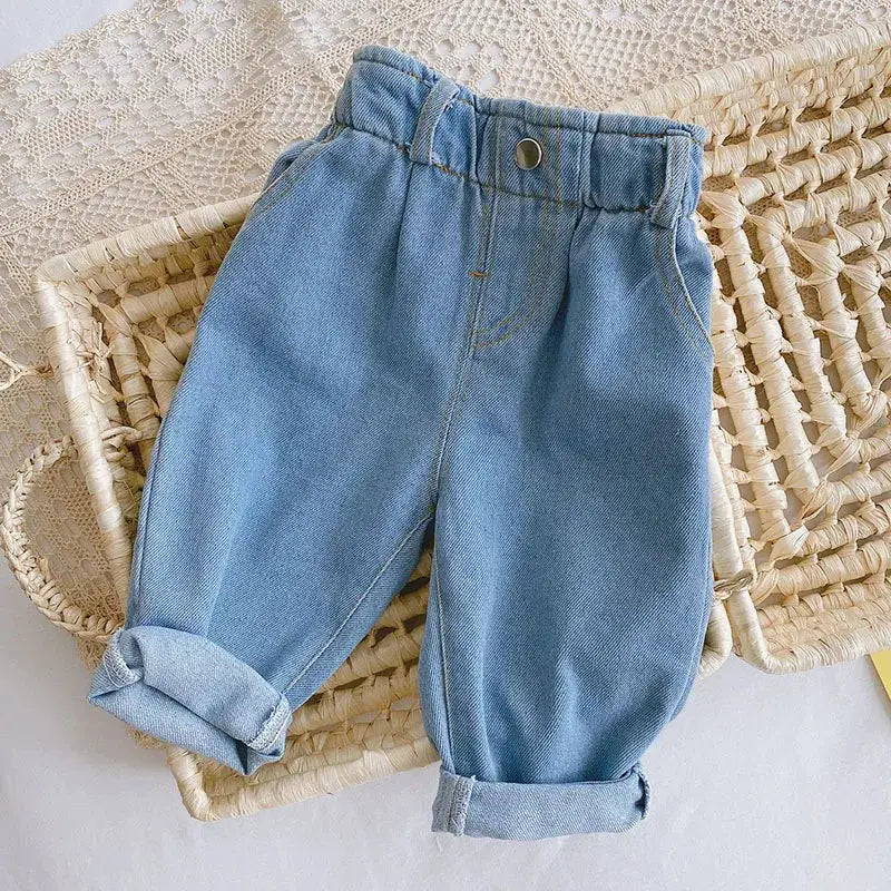 Milancel Boys Straight Jeans Pants With Elastic Waistband All Seasons Solid Color Ages One To Six