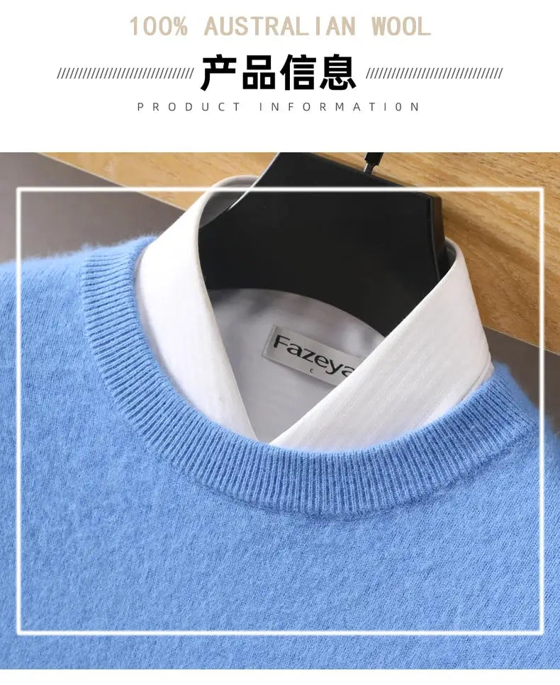 Men's mink cashmere O-neck sweater in light blue with Fazeya tag
