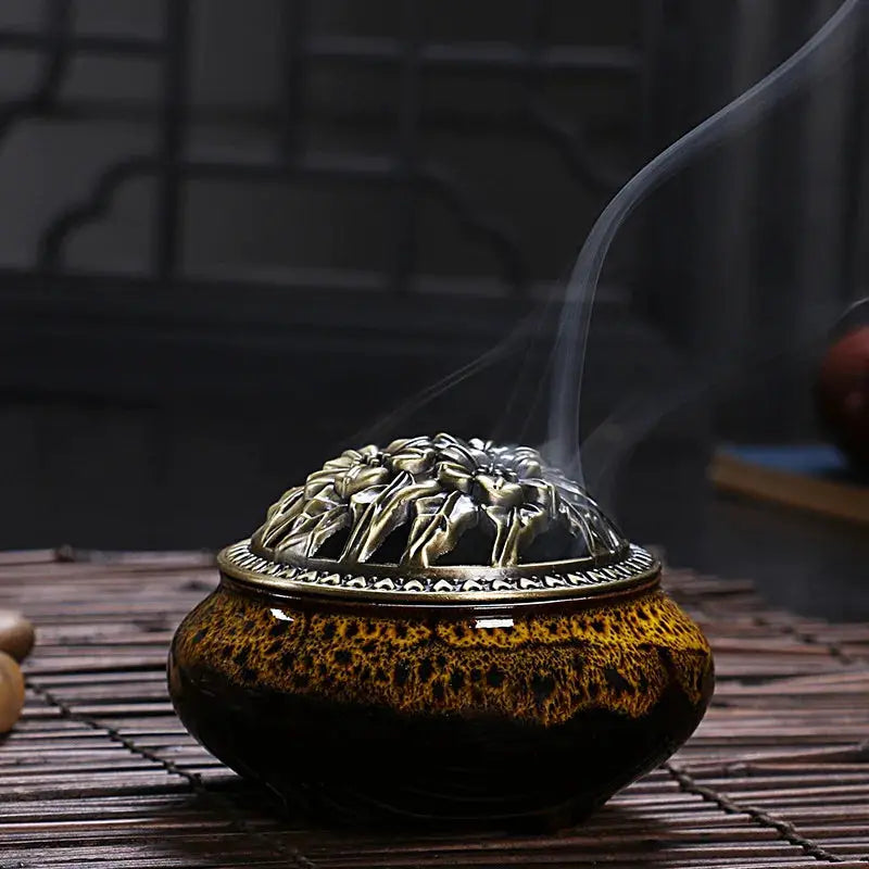Ceramic Ice Crack Plate Incense Burner With Antique Copper Cover Aroma Diffuser Home Decor