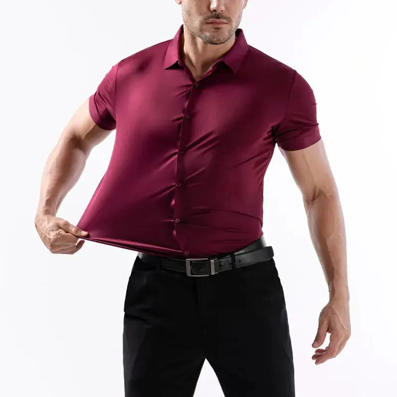 Men's burgundy short-sleeve office dress shirt, slim-fit, button-down