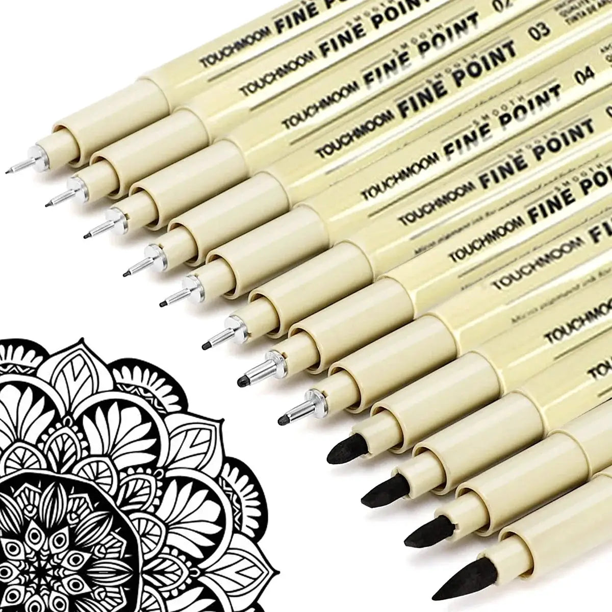 Touchmon fineliner pen set with beige barrels and fine-point tips arranged diagonally beside a black mandala design.