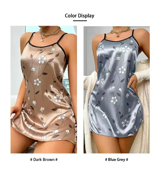 LuxeLoom Floral Satin Sleeveless Backless Nightgown For Summer Breathable Comfort Everyday Sleepwear