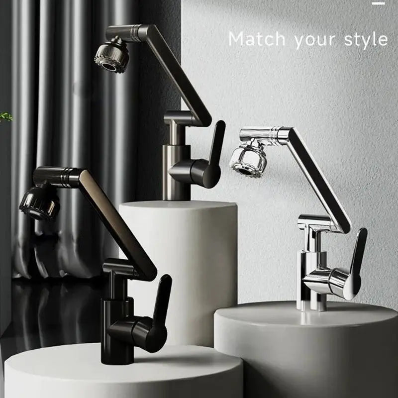 Dual-mode universal rotating faucet robotic arm set for wash basins; three chrome and black faucets