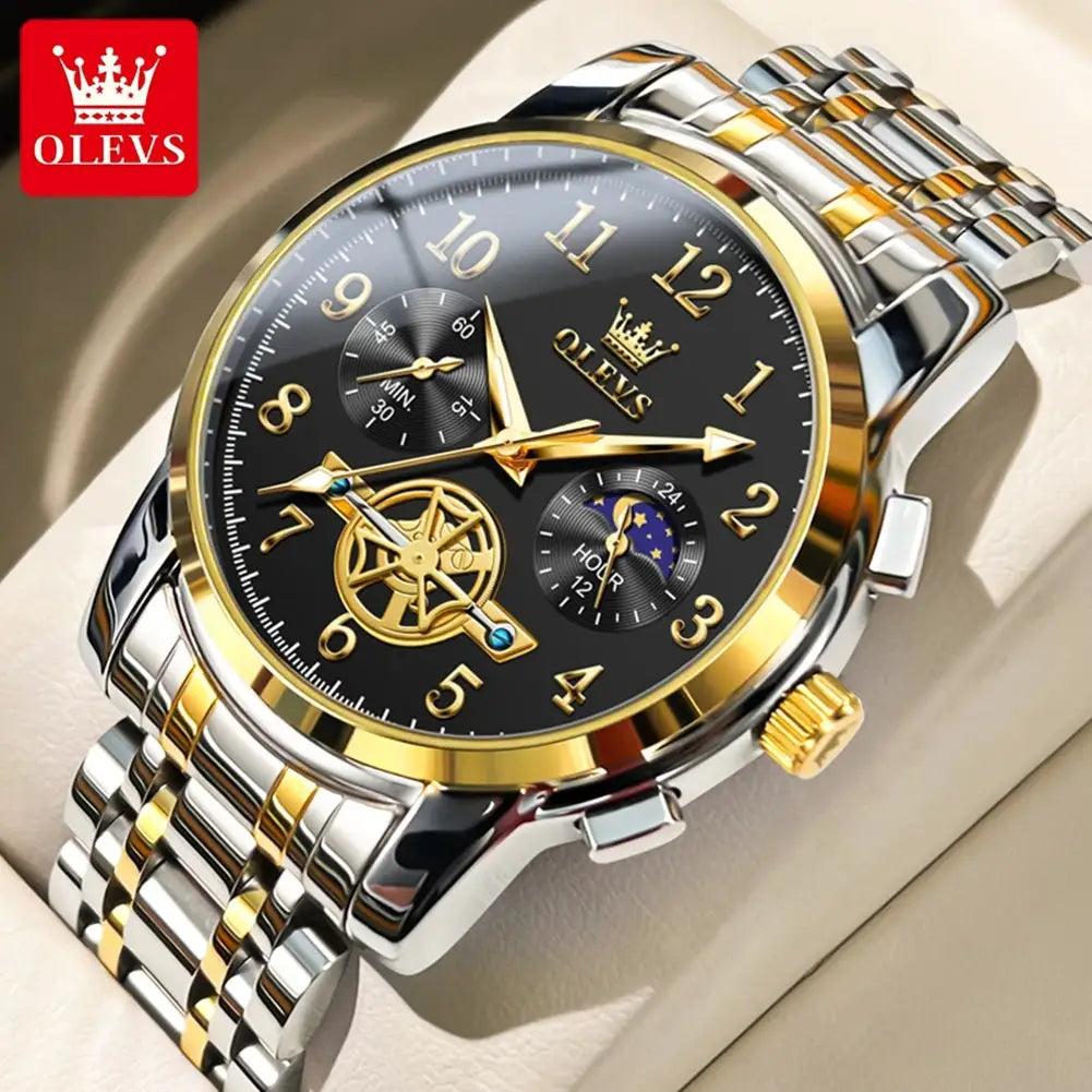 OLEVS 2900 Moon Phase Skeleton Chronograph watch for men, stainless steel two-tone bracelet, black dial, waterproof
