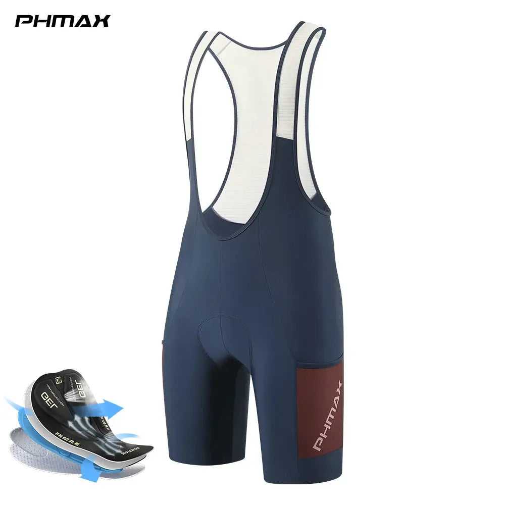 PHMAX men's cycling bib shorts in navy blue with white straps and 5D silicone padded insert.