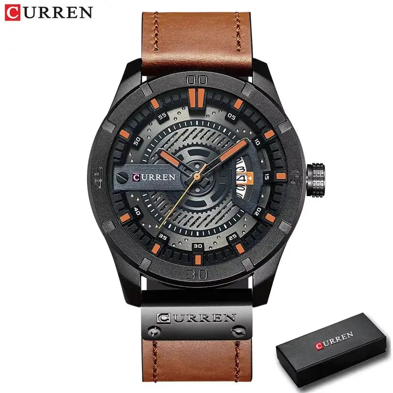 CURREN men's luxury watch with brown leather strap, black case, skeleton dial with orange hour markers and date window.