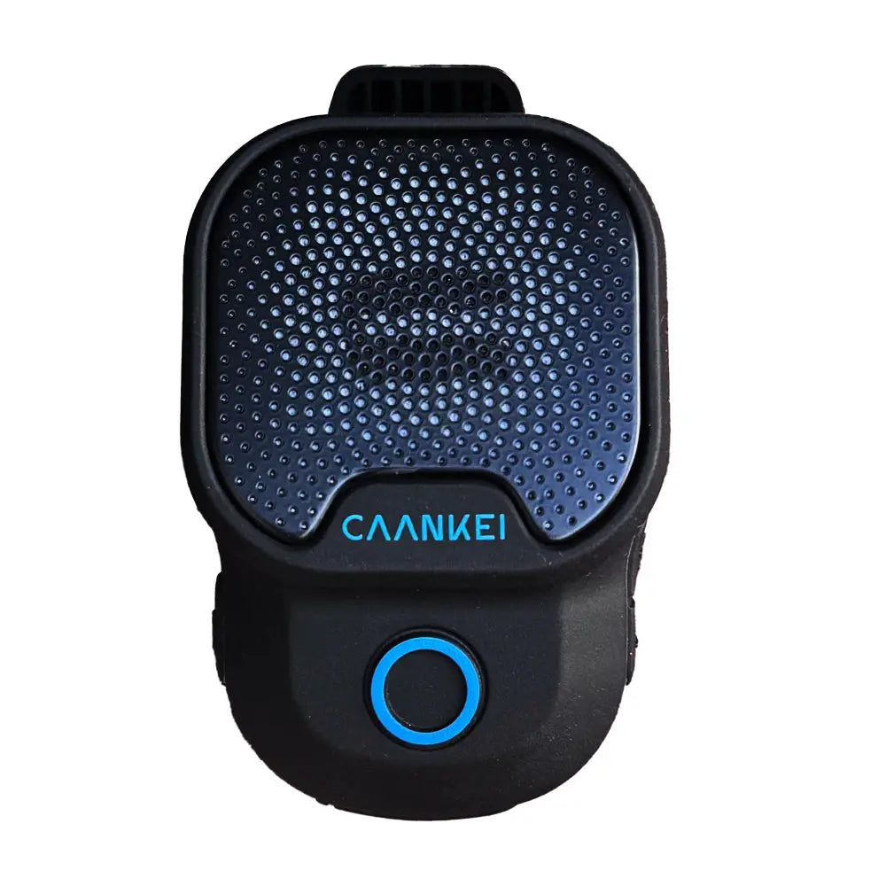 Wearable Bluetooth speaker IPX7 waterproof clip-on, black with blue ring button and CANKEI branding