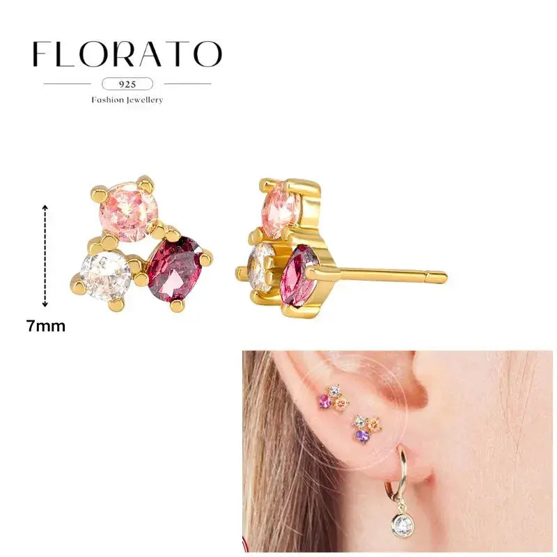 Florato 925 sterling silver pink zircon stud and hoop earrings set; gold-tone finish, 7mm stones