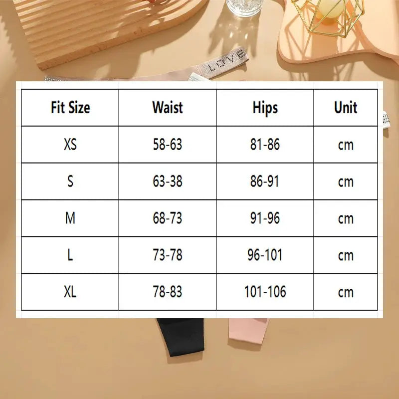 Thong underwear size chart XS–XL with waist 58–83 cm and hips 81–106 cm