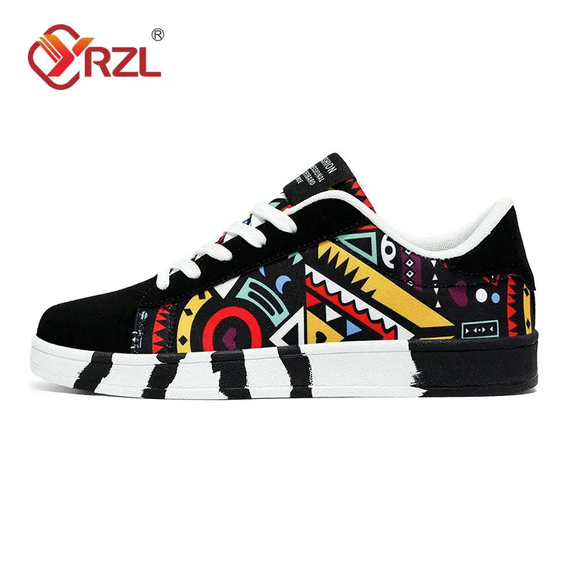 YRZL Men Canvas Sports Running Shoes Geometric Graffiti Print Lace Up Sneakers For Couples