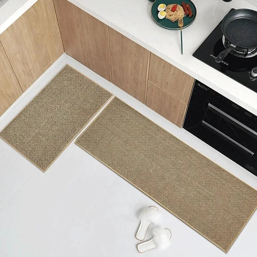 Washable non-slip kitchen rug set: faux sisal running mats with natural rubber backing, two beige textured runners