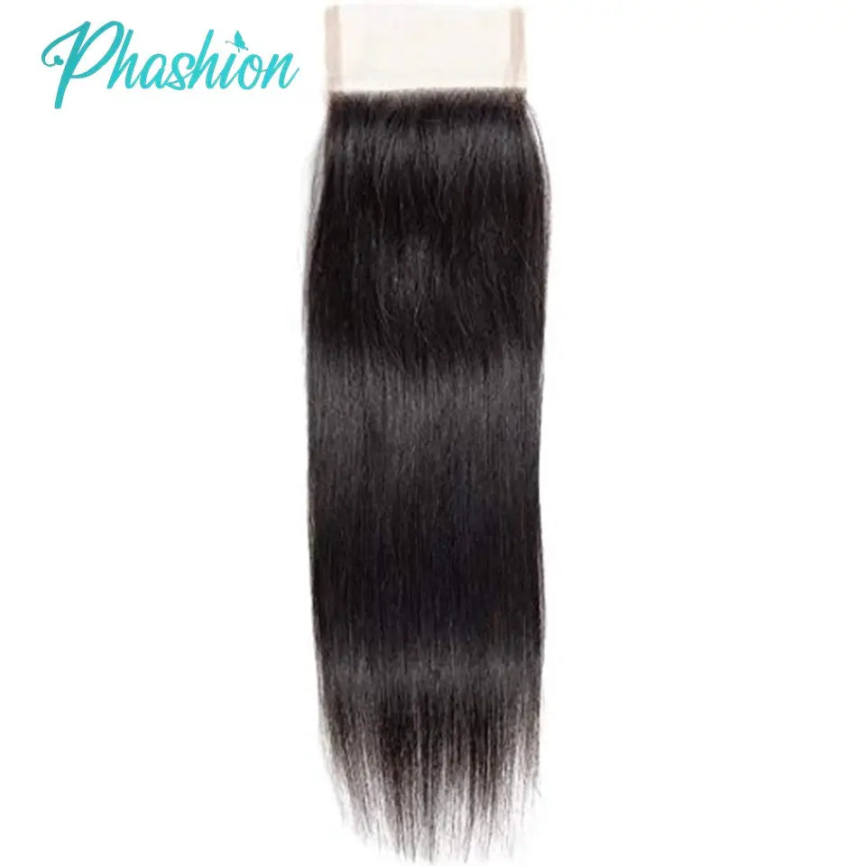 Phashion straight lace closure hair extension, 24–26in Remy human hair, black with Swiss transparent lace