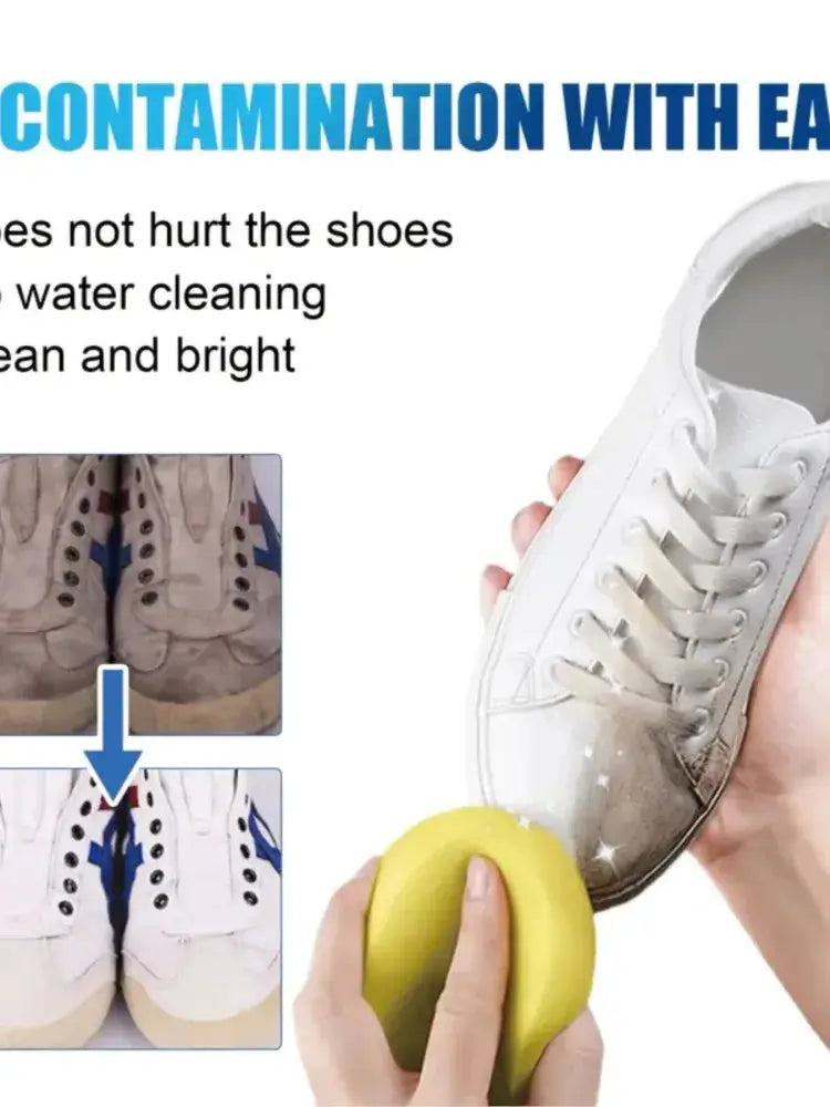 White Shoe Cleaner Paste by Simples Market for whitening shoes; cleaning a white sneaker with a yellow sponge