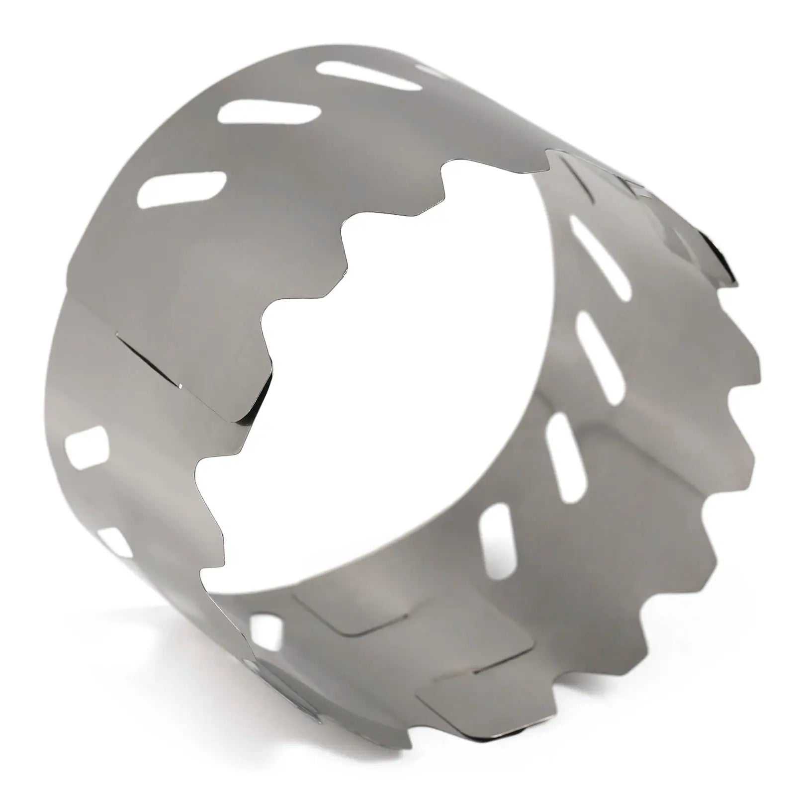 Tomshoo titanium wind shield for gas stove; ultralight windscreen ring with rectangular cutouts