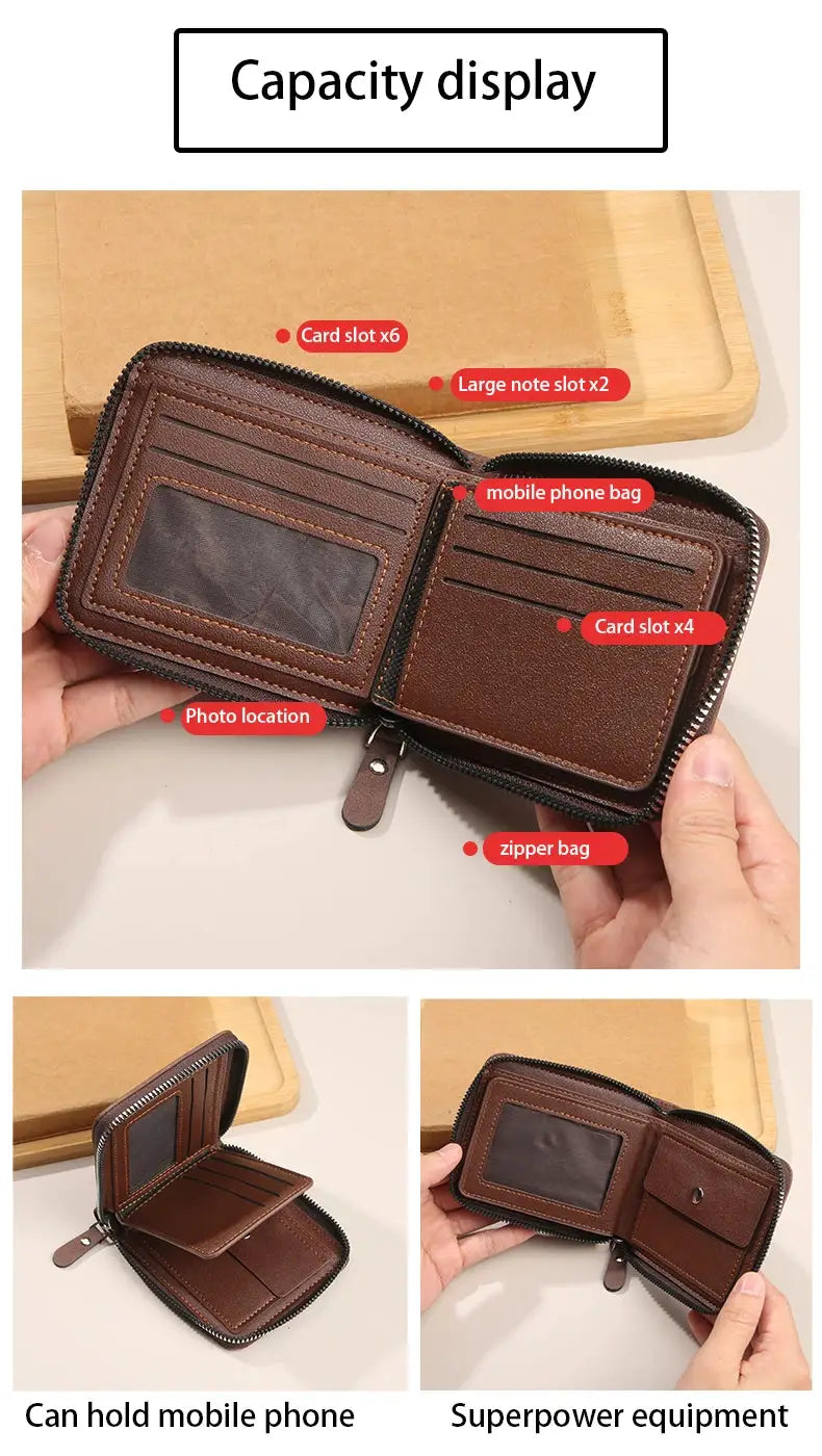 Men's zip-around wallet by Simples Market, brown leather with 6 card slots, 2 large note slots, and ID window.