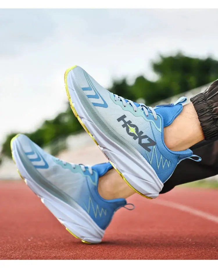 Men's blue cushion running shoes, pair by Simples Market with breathable mesh.