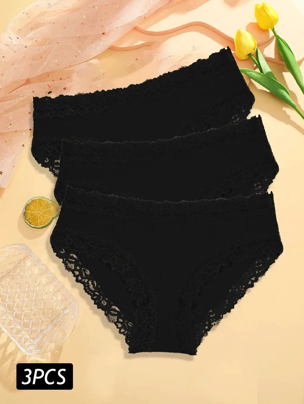 Panties 3-piece set, black lace-trimmed cotton, seamless low-rise briefs for women