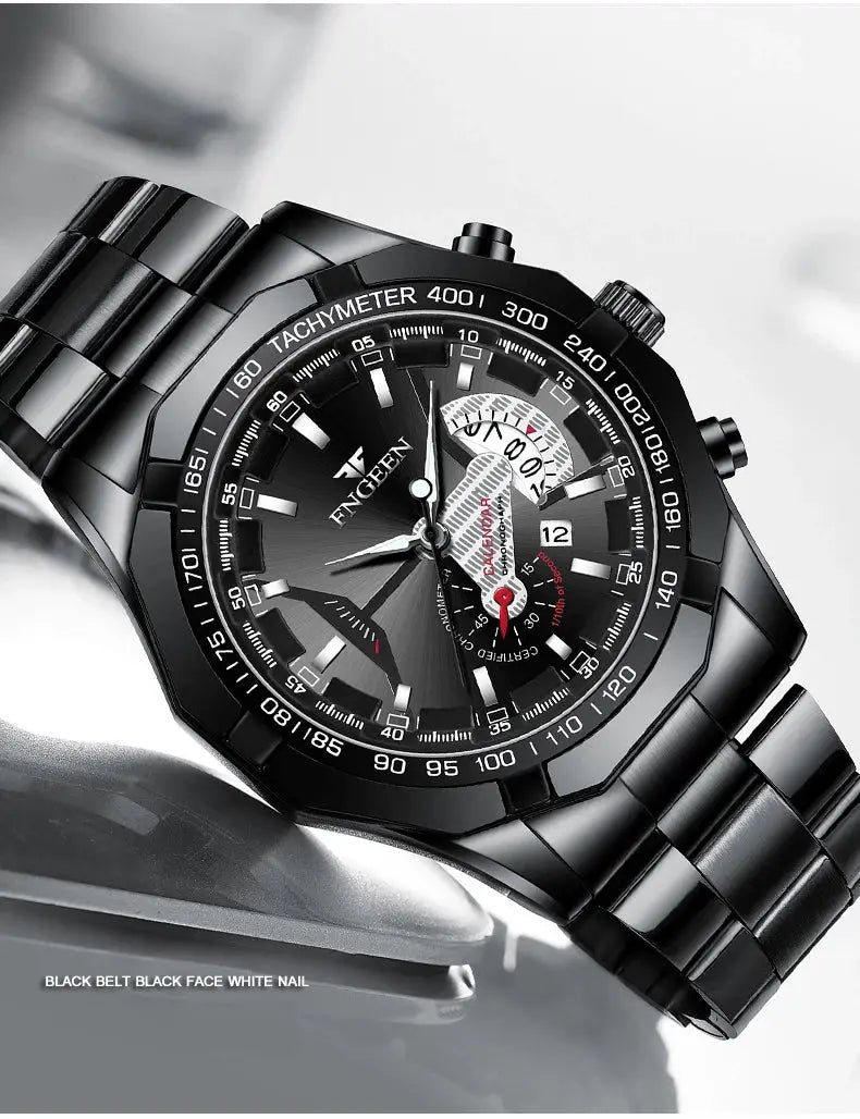 Men's black stainless steel quartz watch with tachymeter bezel, date window, and luminous markers