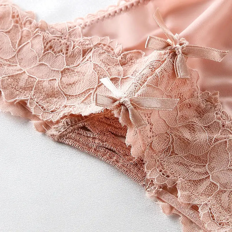 BANNIROU pink lace thong panties for women, soft sheer lace with bow accents