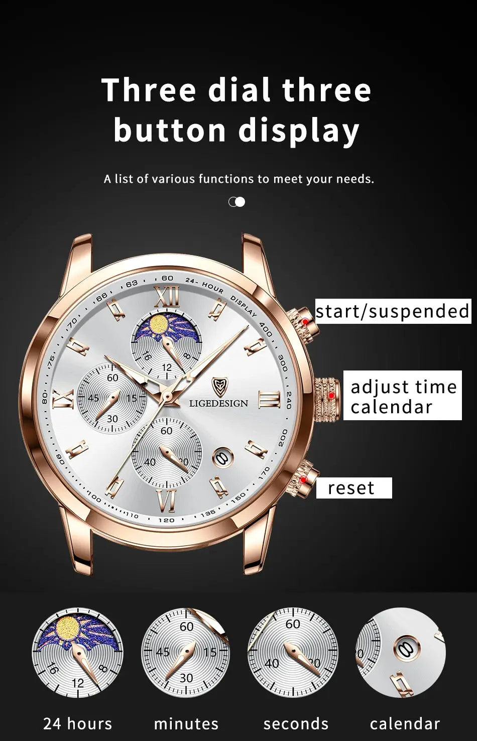 LIGEDESIGN men's rose-gold chronograph watch with leather strap and three subdials