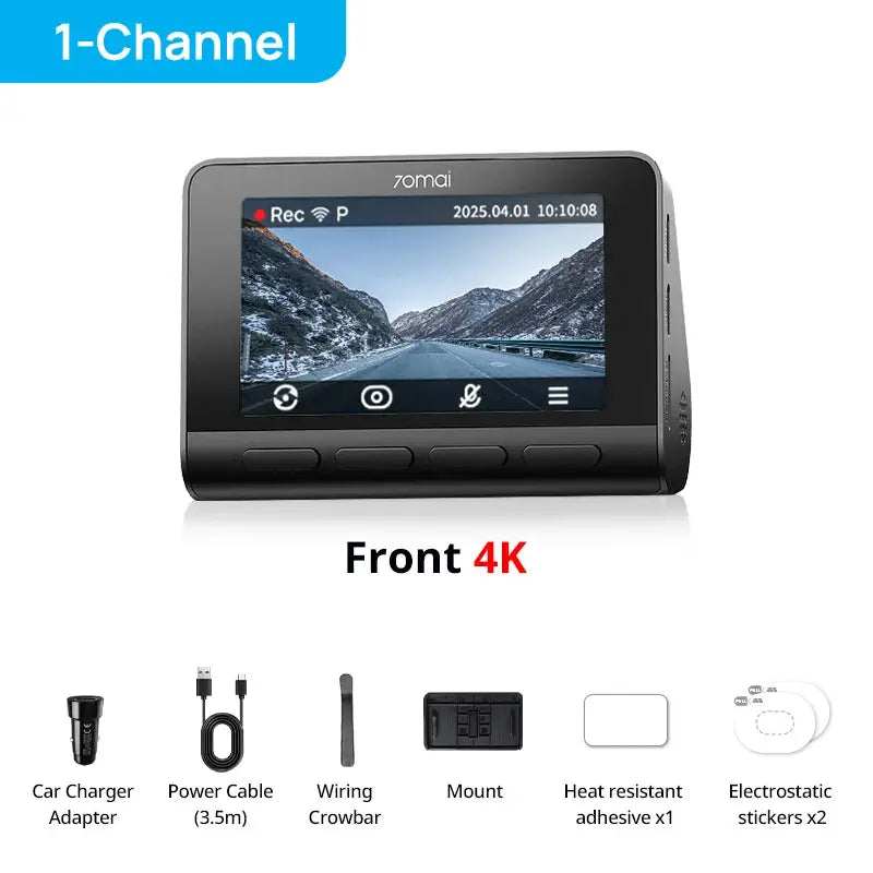 70mai Dash Cam 4K A810S black; front camera with mount, car charger, 3.5m power cable, wiring crowbar, adhesive, and 2 stickers