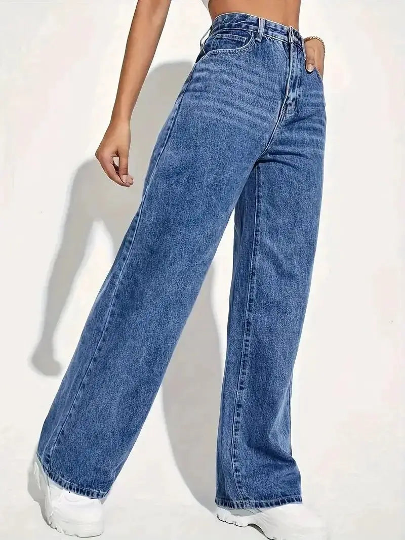 Retro Blue Jeans For Women Y2K High Waist Baggy Straight Leg Denim