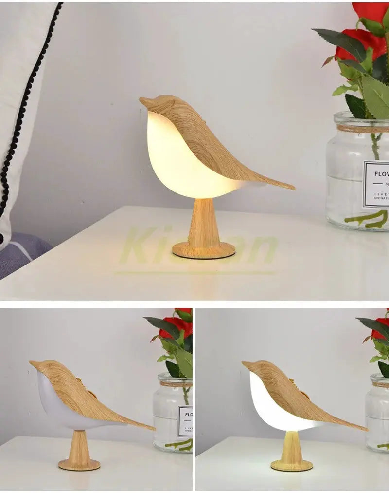 Magpie LED desk lamp by Simples Market, wood and white bird sculpture on a pedestal
