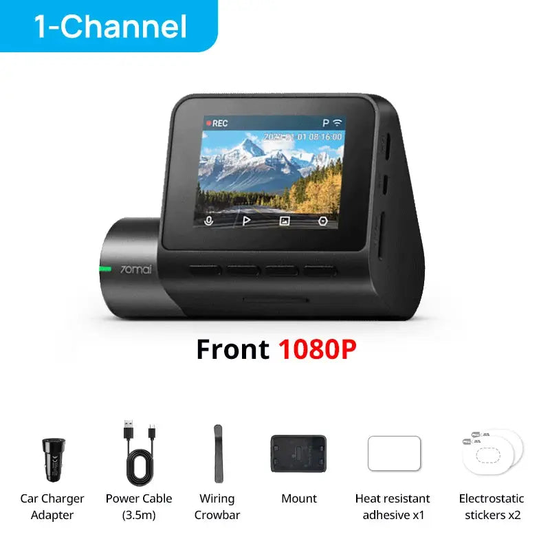 70mai A200 dash cam front 1080P with 2'' IPS screen; includes charger, cable, wiring crowbar, mount, adhesive, stickers